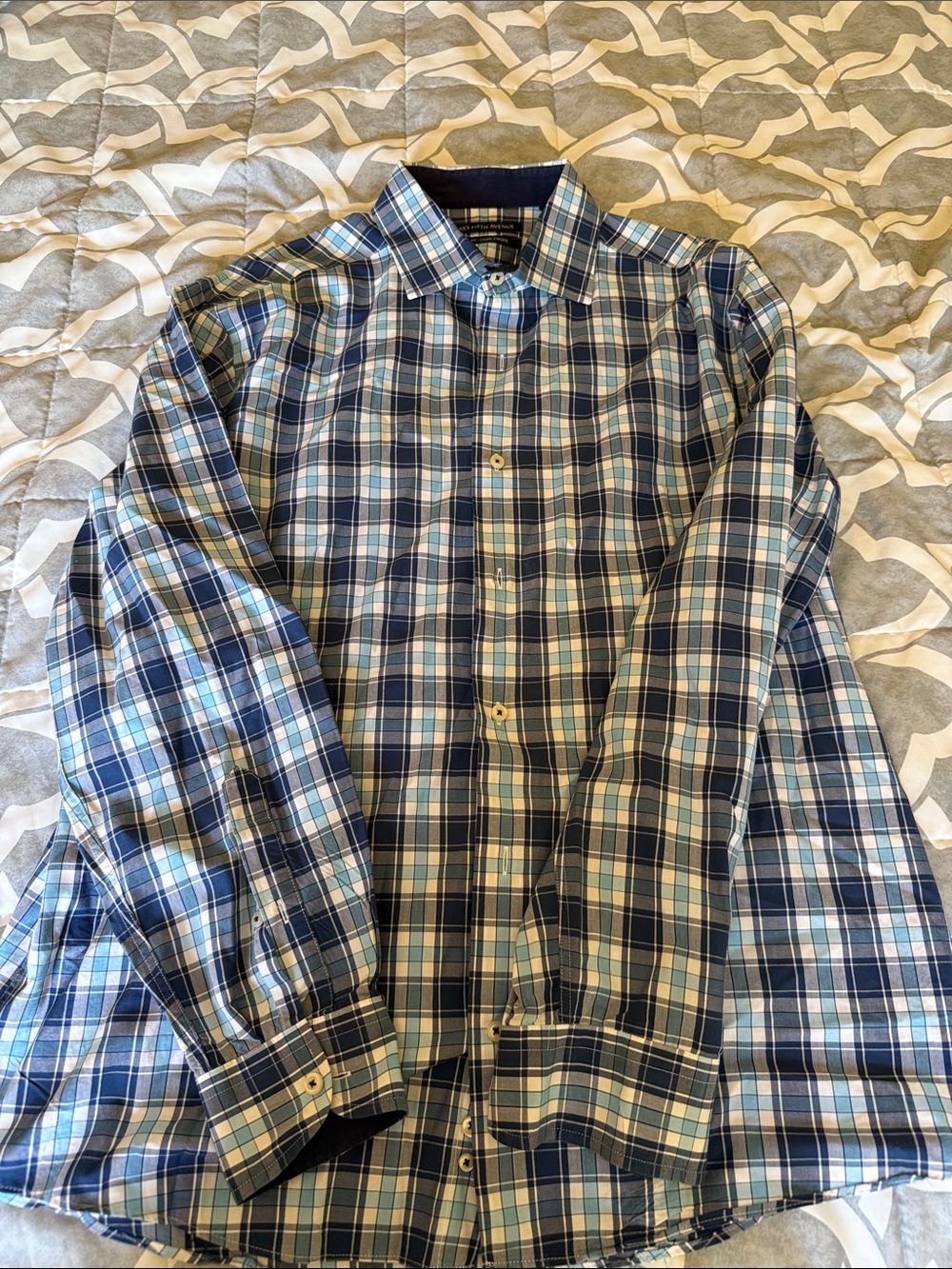 Saks Fifth Avenue Men’s Blue and White Plaid Button-Down Shirt